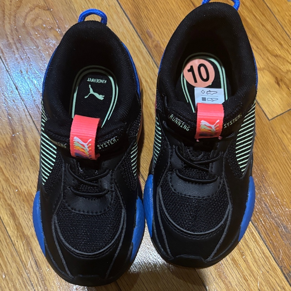 Puma Kids Black Sneakers with Blue and Green Accents, new never worn